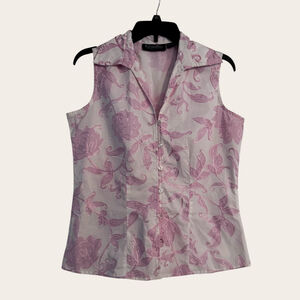Women's Giselle Apparel White Pink Floral Sleeveless Button Down Shirt S